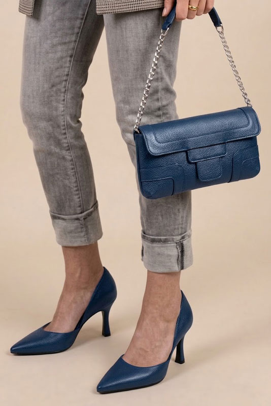 Women's denim blue d'orsay pumps with pointed toe and high slim heel - Worn view